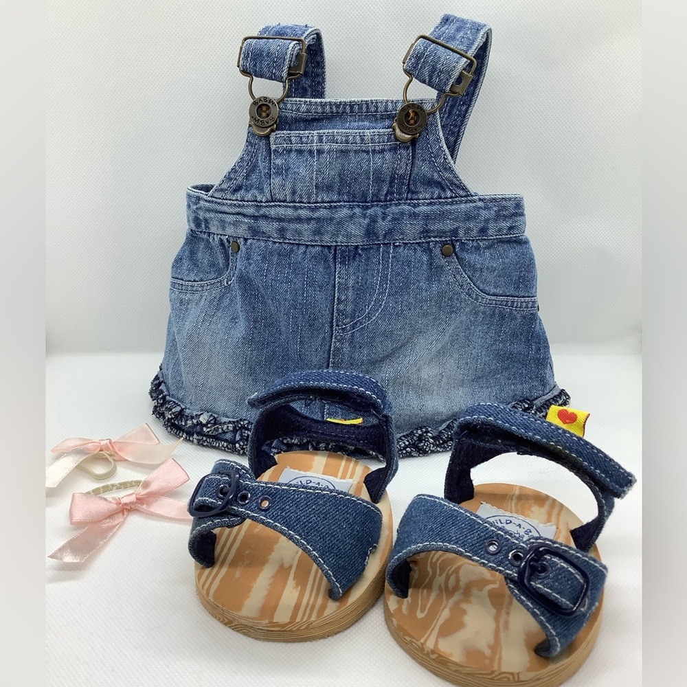 Build A Bear Clothing Set Denim Overall Dress Sandals and Bows 3 Piece Set